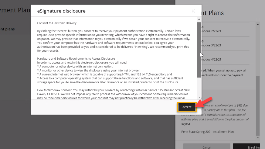 Screenshot of eSignature disclosure popup