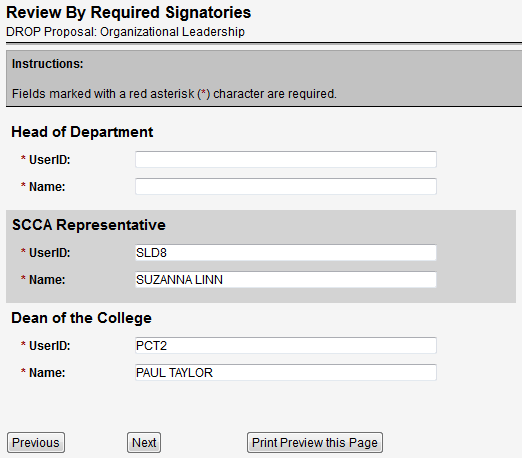 Screen capture of Review By Required Signatories screen.