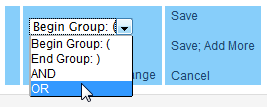 Screen capture of Group Connector pull-down menu with OR selected.