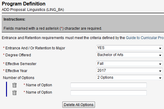 Screen capture of top portion of Program Definition screen with 2 options selected.