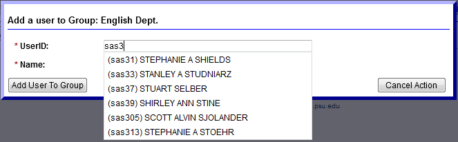 Screen capture of Add a user to Group pop-up window with partial entry of user I D displaying list of names.