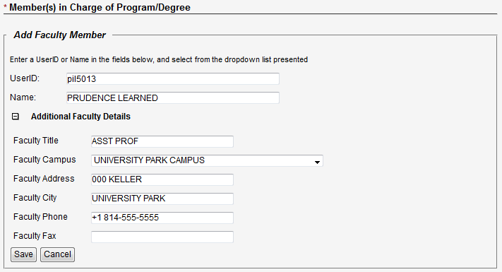 Screen capture of Additional Faculty Details panel with editable fields.