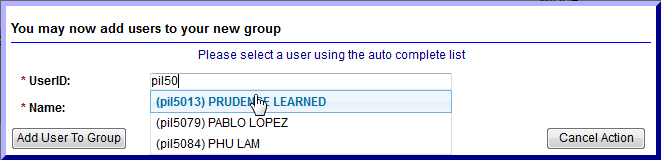 Screen capture of You may now add users to your new group dialogue box.