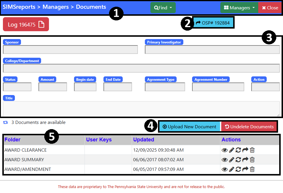 Document Manager screen layout with numbers corresponding to the sections below.
