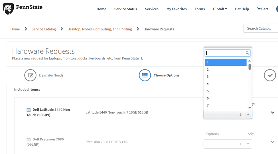 Image of quantity selections on the Hardware Requests Order Guide