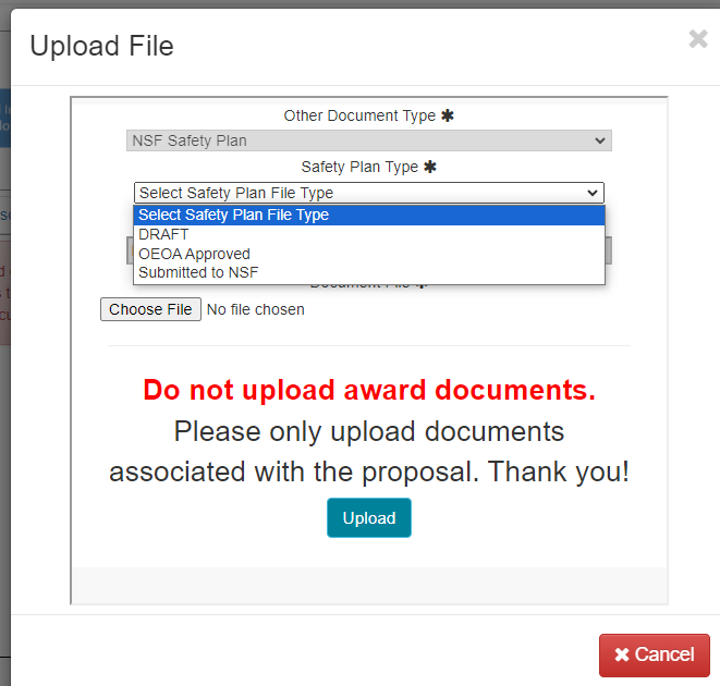 Safety Plan Upload Modal showing options for Safety Plan Types.