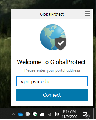  Global Protect Connection screen showing the option to enter your portal address