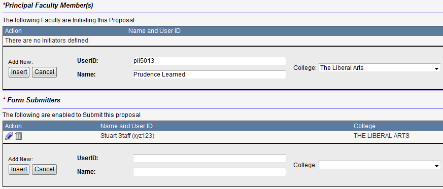 Screen capture of Proposal Initiator and Submitter Form filled in with the faculty and staff member name, user I D, and college.