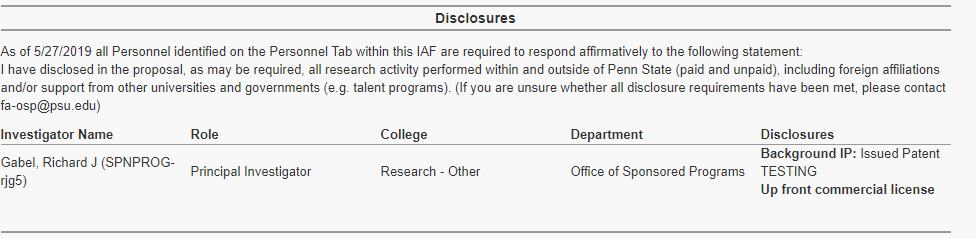 Disclosures section showing "up front commercial license" indicated for Foreground IP.