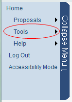 Screen capture of main menu indicating tools link.