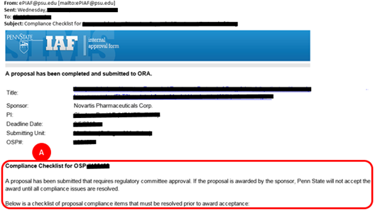 The Email Sent by epiaf@psu.edu with the subject of "Compliance Chceklist "