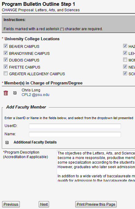Screen capture of Program Bulletin Outline Step 1.