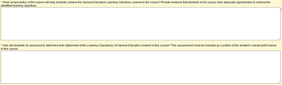 Screen capture of questions on what components of the course will help students achieve the general education learning objectives in the course and how students will be assessed to determine their attainment of the objectives.