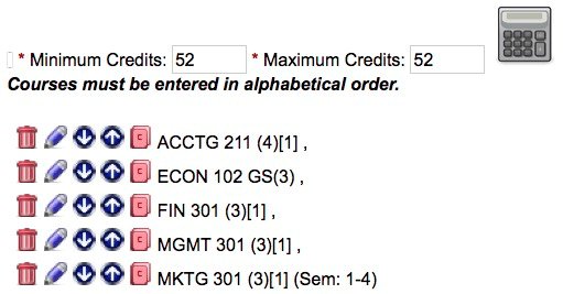 Screen capture of Completed list of semesters 1-4 courses.